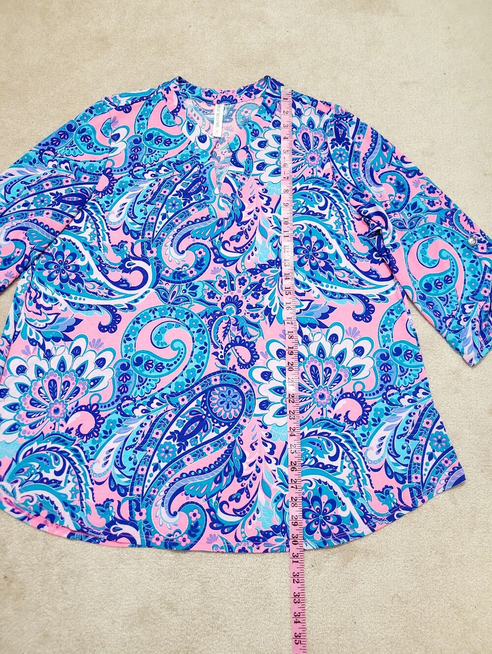 Dear Scarlett Size XL Paisley Tunic Top Pink Blue Roll Tab Sleeve Stretch Boho - Picture 11 of 13